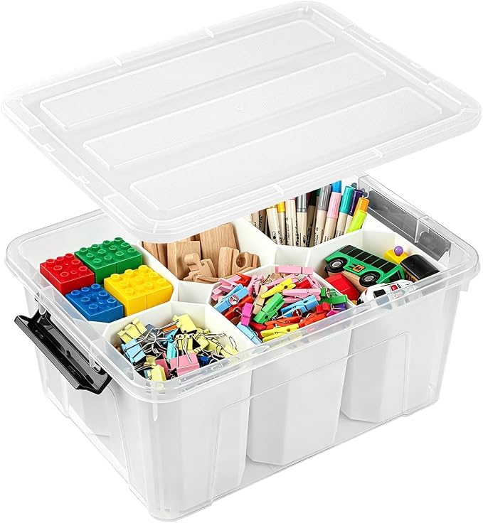 NUMIFUN 17QT Clear Storage Bins with Lids & Dividers for Crafts | Stackable 17-quart transparent box featuring 6 tall removable inserts. Perfect for organizing crafts, tools, toys & crayons by NUMIFUN