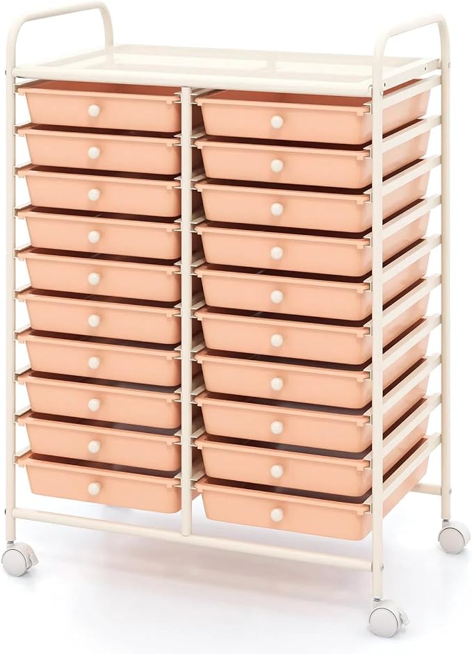 DREAMADE Rolling Cart with Storage Drawers, Utility Cart w/Removable Plastic Drawers, Lockable Wheels, Art Cart for Classroom Organization Art Supplies Office Scrapbook (20 Drawers, Peach) by DREAMADE