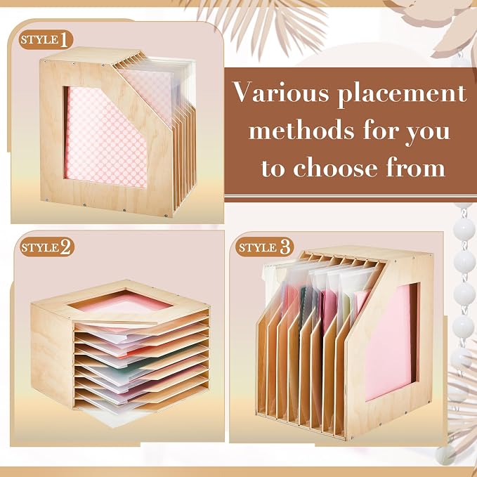 ReliThick 2 Pcs 12x12 Paper Storage Organizer Wood Slope Design Scrapbook File Sorter Storage Shelf for Holding 8 Slot Heat Transfer Paper Portfolio Filing Crate Album Glass Holder for Office School - Image 5