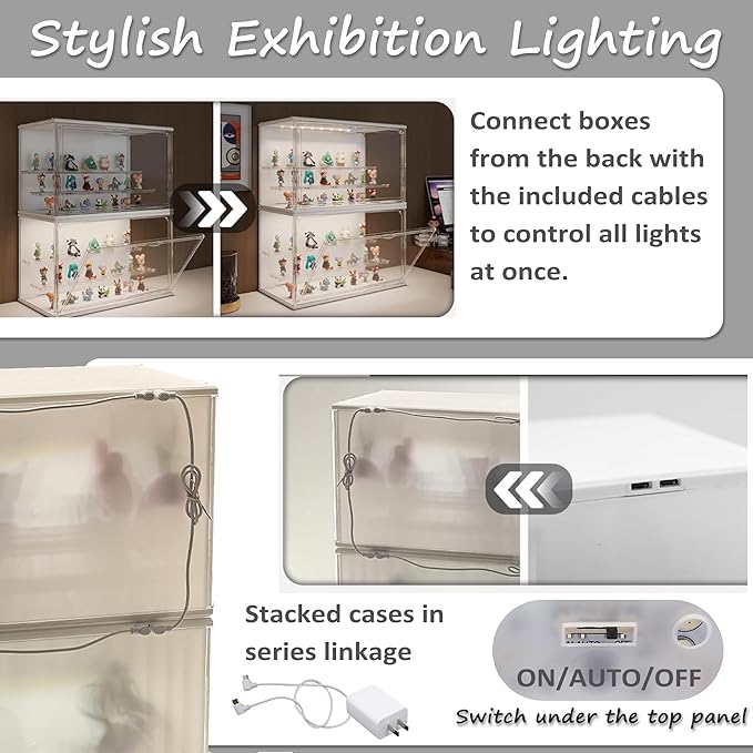 Clear Display Case for Collectibles, 3-Tier Stackable LED Figure Display Case with Magnetic Door, Adjustable Showcase for Models, Miniatures, Jewly (White, 8.8“H-1PC)