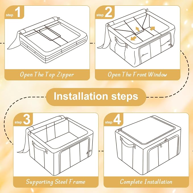 3 Pack Clothes Storage Bins with Metal Frame,Foldable Storage Bin with Lid for Clothes,Stackable Cotton Linen Fabric Organizer Set with Carrying Handles and Clear Window(Grey White Stripe, 66L) - Image 6