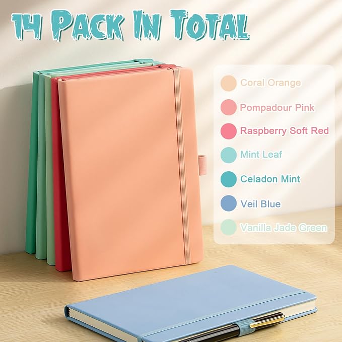 Laumoi 14 Pack Hardcover Lined Journal Notebooks Bulk,Rococo Color,A5 | PU Leather Journaling, Wide Ruled, with Pen Holder, for Office Business Work Writing - Image 6