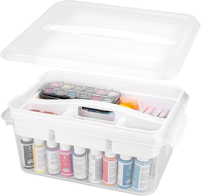 CraftGenes 20 QT Clear Craft Box Organizer with Removable Tray, 1-Pack | White latching lid, four-compartment tray, carry handle, craft storage for art supplies, modeling clay, sewing and puzzles by CraftGenesTools