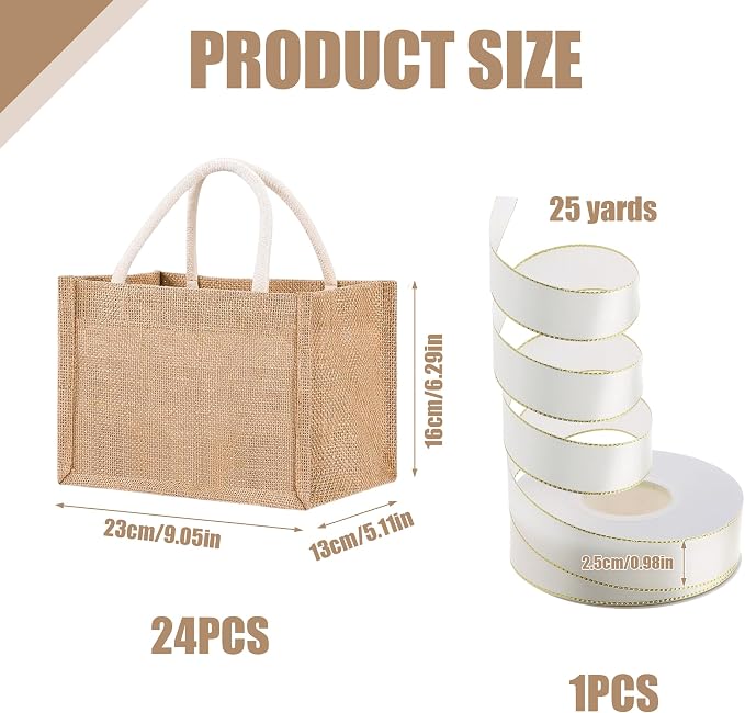 24 Pcs Burlap Tote Bag Mini Jute Reusable Waterproof Bag with Handles Small Blank Canvas for Wedding Welcome,Beach,Bridesmaid,Reusable Bulk Jute Bags with Cream Ribbons DIY Gifts(9.06 x 6.3 x 5.12'') - Image 2