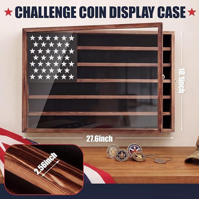 Cinnvoice Large Challenge Coin Display Case, 27.6" L x 18.1" W Military Coin Holder Cabinet with Lockable Wall Mount Design, Wooden Shadow Box with Clear Acrylic Door for Collection Display(Wood) - Image 2