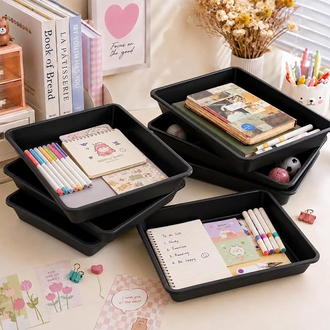 gisgfim 12 Pack Letter Size Flat Storage Paper Tray Organizer Bin Tray Plastic Stackable File Organizer for Classroom Library School Office Teacher Desktop Book Organization (Black) - Image 4