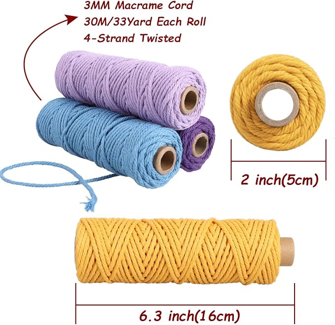 Macrame Cord 3mm x 594 Yards, 18 Rolls Natural Colored Macrame Cotton Cord Rope Kit Color Variety Macrame Jute Twine String 4 Strand Twisted for Wall Hanger Plant Hanging DIY Knitting Macrame Supplies - Image 7
