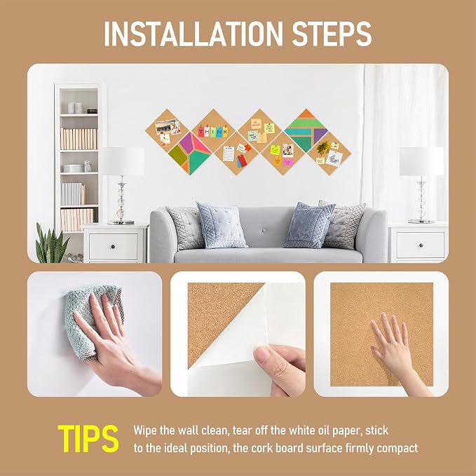 Cork Board Tiles - 4 Packs Adhesive Corkboards for Wall, Small Cork Board Squares Decorative for Office, School & Home - Image 4