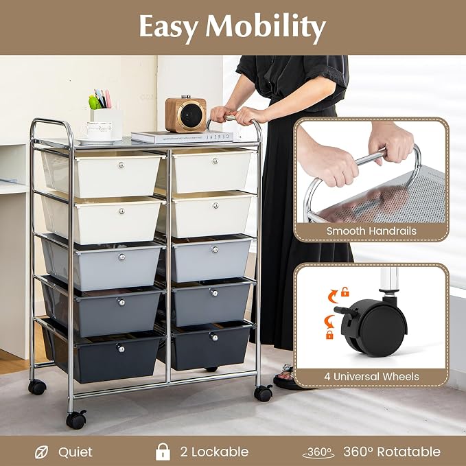 RELAX4LIFE Rolling Storage Cart with 10 Drawers - Craft Storage Cart with Lockable Wheels,Utility Cart, Art Cart Organizer for Crafting Storage, Studio, Office, Home, School Rolling Drawer Cart - Image 4