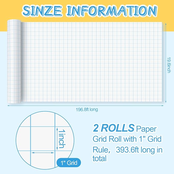 Jetec 2 Roll Large Grid Graph Paper Roll 1" Grid 16.5 Inch x 197ft Sewing Pattern Paper for Back to School Classroom Teaching Drafting Supplies Kids Students Gifts - Image 2