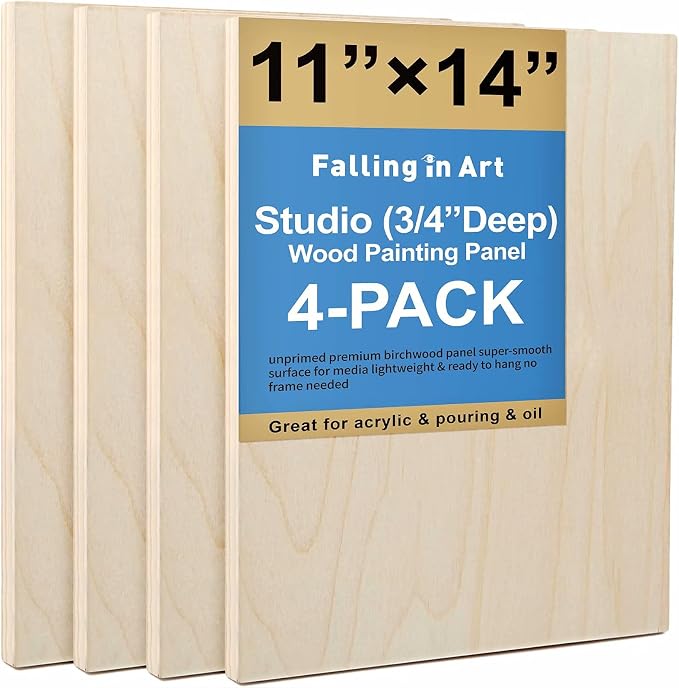 4 Pack 11x14’’ Unfinished Birch Wood Panels Kit for Painting | Studio 3/4’’ Deep Wooden Canvas, Cradle Boards for Acrylic Pouring, Encaustic, Crafts, Epoxy Resin, Laser Engraving Cutting by FallinginArt