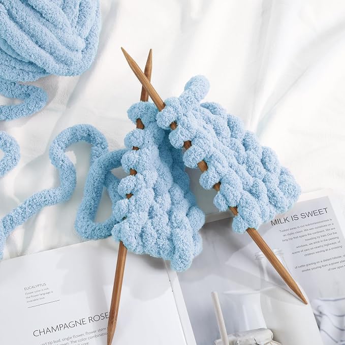 HOMBYS Sky Blue Chunky Chenille Yarn for Crocheting, Bulky Thick Fluffy Yarn for Knitting,Super Bulky Chunky Yarn for Hand Knitting Blanket, Soft Plush Yarn, 2 Jumbo Pack (27 yds,8 oz Each Skein) - Image 7