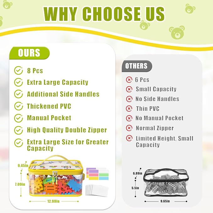 8 Pack Large Clear Toy Storage Bags with Labels, Handles, Zippers XL | Large Capacity, Transparent PVC, Waterproof Dustproof, Space-saving, Portability for Building Blocks, Puzzle, Dolls, Travel - Image 2