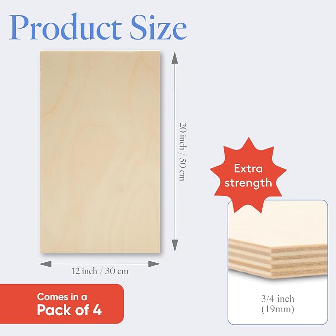 Baltic Birch Plywood 12 x 20 x 3/4 Inch - 18 mm Craft Wood, Pack of 4 B/BB Grade, Stronger Than Basswood Sheets or Balsa Wood, Perfect for Laser, CNC Cutting, Wood Shelves, by Woodpeckers - Image 2