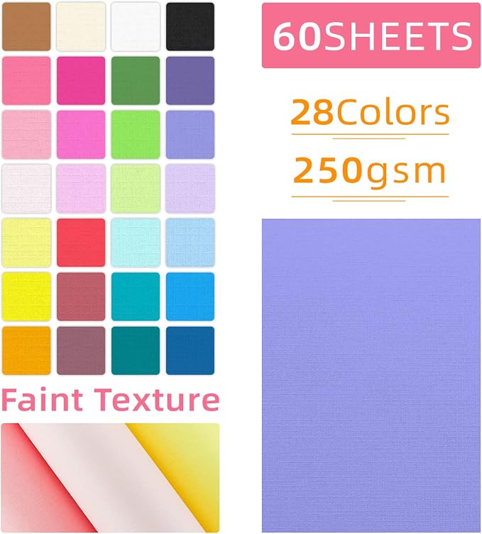60 Sheets Textured Colorful Card Stock 28 Multicolor Cardstock 250 gsm Faint Texture, Single-Sided Printed Colored Paper for Card Making, Scrapbooking, Paper Craft - Image 2