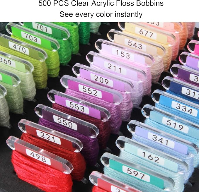 Hamtery 500 Pcs Acrylic Embroidery Floss Bobbins with Numbers & Color | Clear 3mm acrylic bobbins for embroidery storage. Printed numbers and color swatch help organize cross stitch floss. - Image 4