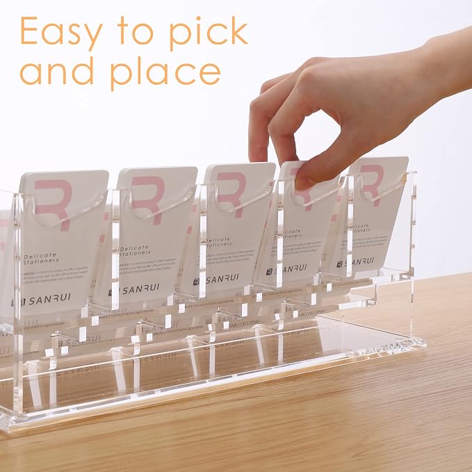 SANRUI Vertical Business Card Holder for Desk，Clear Acrylic Business Card Display Stand，6 Slots 3 Tier ，Holds 300 Cards - Image 3