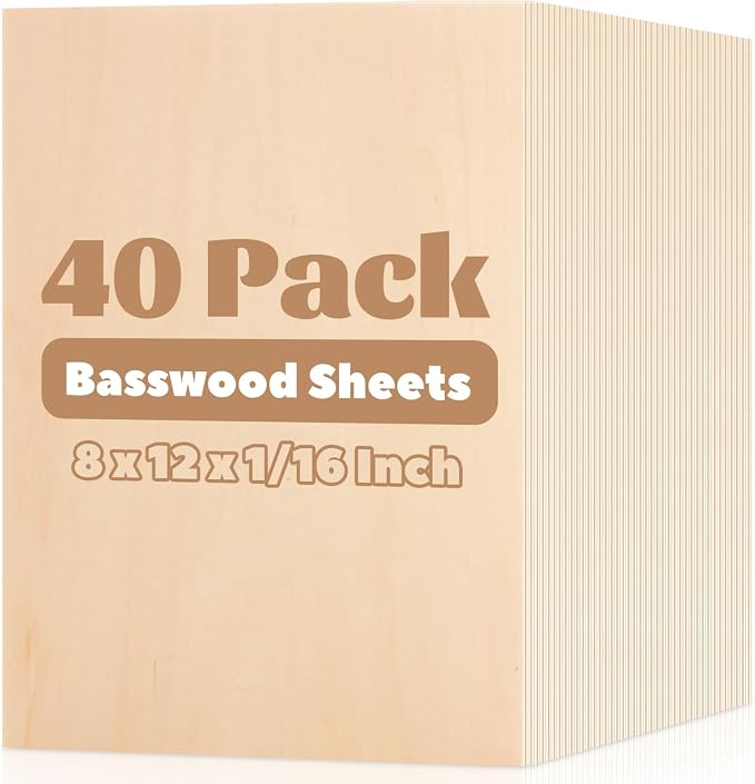 MIVIDE 40 Pack Basswood Sheets, 8"x12" Craft Plywood Sheets, 2mm Basswood for Laser Cutting, Plywood Board Unfinished Wood for Crafts DIY Ornaments and Models Engraving Drawing by MIVIDE