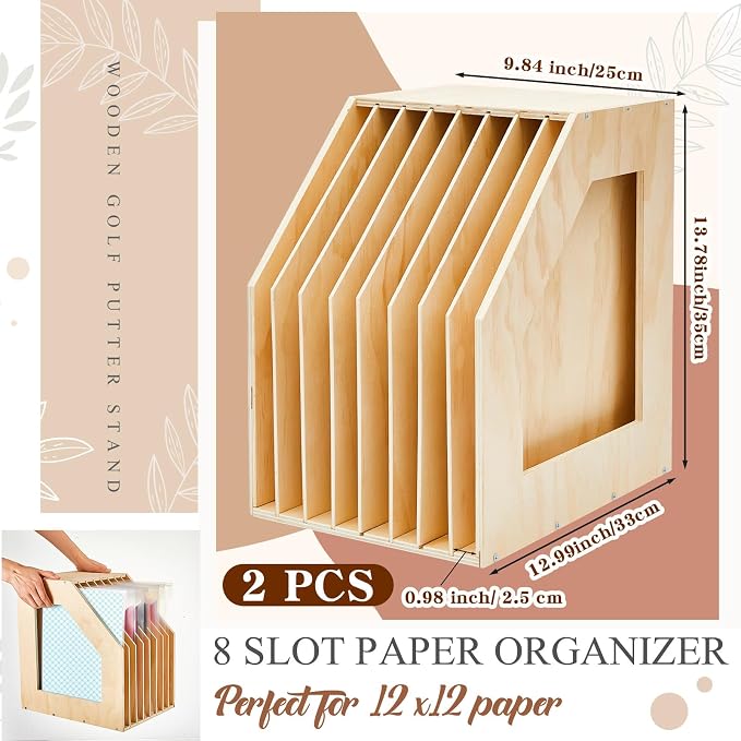 ReliThick 2 Pcs 12x12 Paper Storage Organizer Wood Slope Design Scrapbook File Sorter Storage Shelf for Holding 8 Slot Heat Transfer Paper Portfolio Filing Crate Album Glass Holder for Office School - Image 2