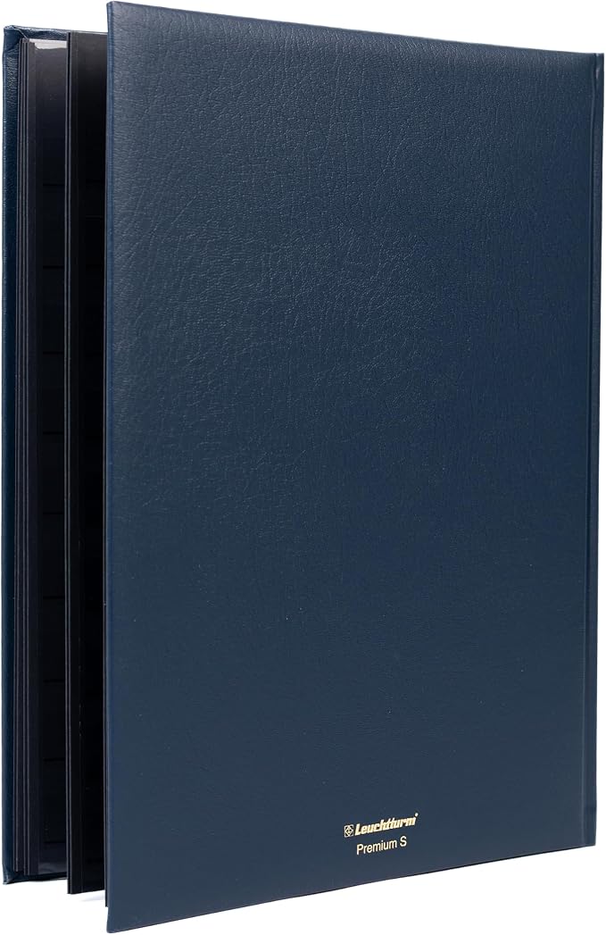 LIGHTHOUSE – “PREMIUM” Bonded Leather Cover Stockbook for Stamps - 32 Black Cardstock A4 Pages with Clear Strips and Double Linen Hinges - Blue - Image 5