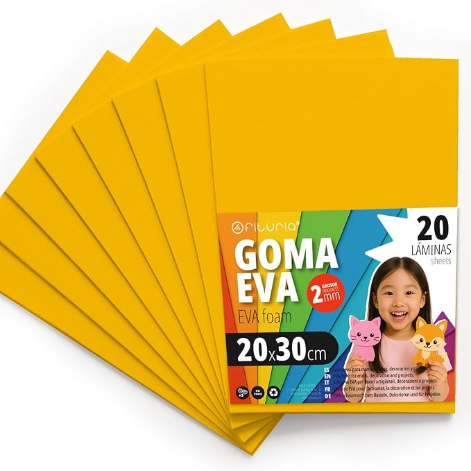 OFITURIA Foam Rubber for Crafts and School Projects, Coloured Foam Ideal for DIY, Decoration, Scrapbooking and Creative Projects, 20 x 30 cm (Yellow, Pack of 20) by OFITURIA