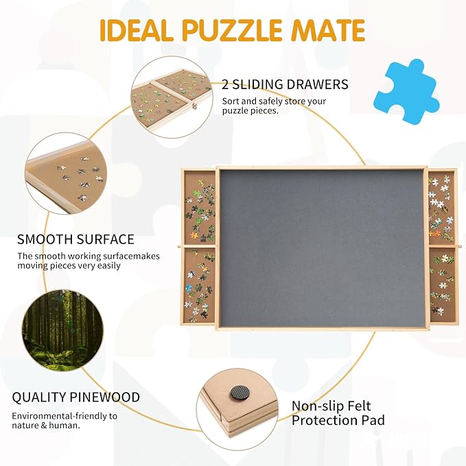 Puzzle Board 1000 Pieces with Large Drawers & Cover Mat 360° Rotating Puzzle Table –None-Slip Felt Surface Portable 30" x 22" Jigsaw Table for Organized Puzzling – Ideal for 1000PcsPuzzles - Image 3