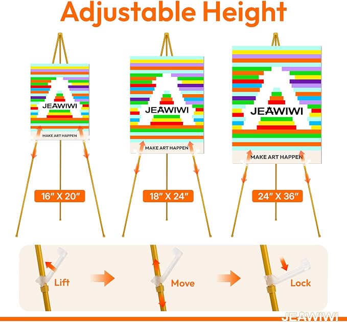 JEAWIWI 4 Pcs Lightweight Easel Stand, 66 Inch, Ochre, with Portable Bags | Adjustable Folding Metal Easel Stand for Wedding Sign, Display Show, Art Show, Poster Display - Image 4