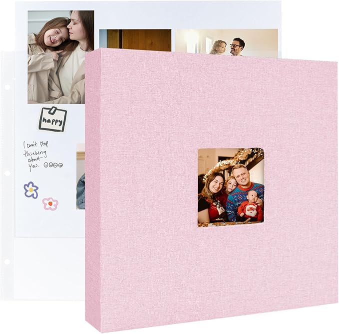 3 Ring Binder 12x12 Inch Large Scrapbook Photo Album, Linen Cover Scrap Book with 30 Plastic Sleeves 60 Pages 12 x 12 Scrapbooks White Pages for Wedding Couples Baby Travel Women kids (Pink) by LUOCCHI