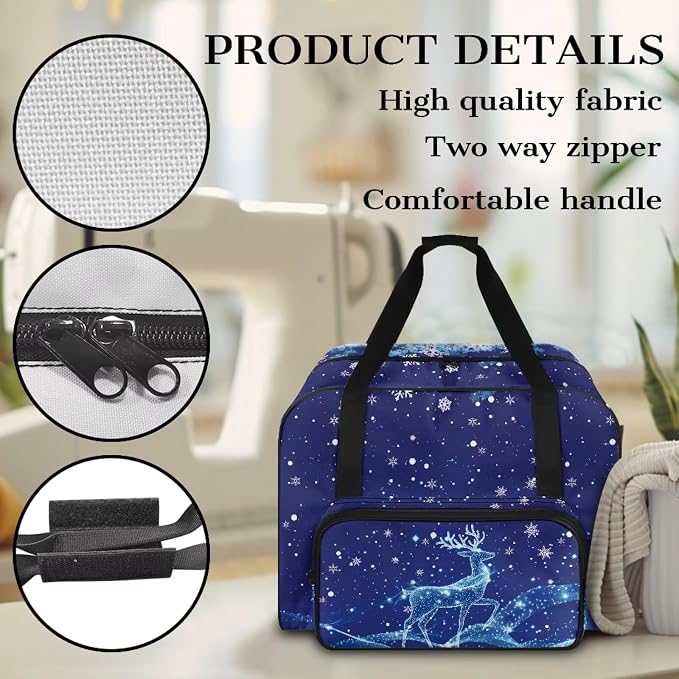 Txnsiver Sewing Machine Carrying Bag Versatile Dust Bag Universal Large Capacity Sewing Machine Storage Case Portable Travel Tote Bag, Christmas Deer Snowflake Deep Blue - Image 5