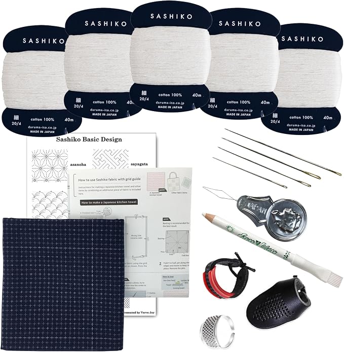 Sashiko kit, Daruma Sashiko Thread, Needles and Cotton Fabric with Grid Line Print, Marking Pencil, Thimblem and Traditional Design Sewing Set (Unbleached Thread/Navy Fabric) by Daruma