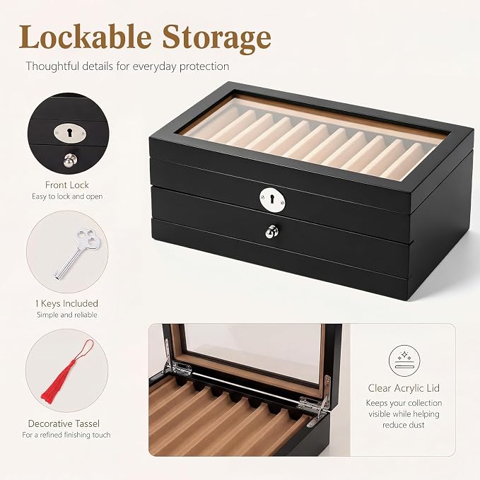 Silipull 24-Slot Fountain Pen Display Case, Key Lock, Black Finish, 2-Tier | Key-lock Top, Helps Limit Casual Access to Prized Pens, Glass Lid Displays Favorites, One Drawer Organizes 24 Pens - Image 4