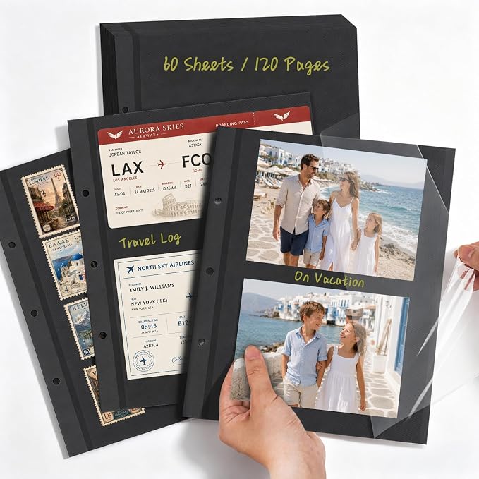 Vienrose Self Adhesive Photo Album Refill Pages 60 Sheets Black | 9 x 11 inch, 3 Ring D Ring binders, Acid free, Waterproof, 4x6 5x7 8x10 photos by Vienrose