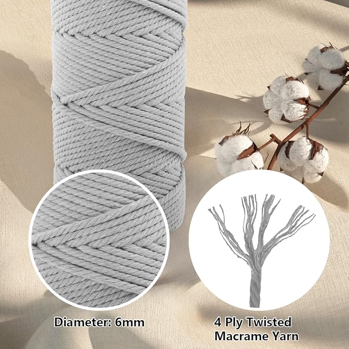 Macrame Cotton Cord 6mm x 109 Yards, ZUEXT 100% Natural Handmade Colorful 4 Strands Twisted Braided Cotton Rope for Wall Hanging Plant Hangers Gift Wrapping Tapestry DIY Crafts (100m, Light Grey) - Image 3