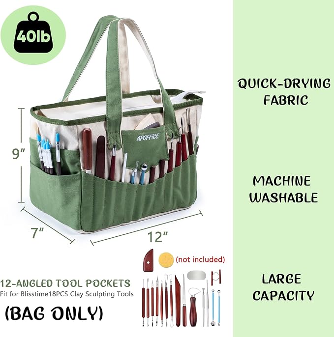 Pottery Tools Bag with Pockets for Clay Sculpting Tools, Ceramic Tools– Art Supply Organizer for Polymer Clay Tools, Craft Tote, Yarn & Crochet Storage, Washable Canvas Artist Bag Gift - Image 2