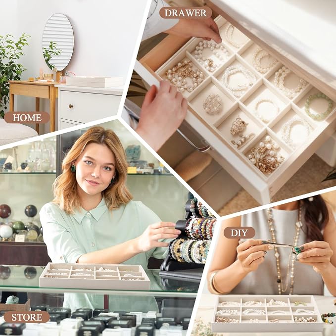Cinnvoice 4 Pcs Stackable Jewelry Organizer Tray, 12 Grids Velvet Bracelet Ring Necklace Tray, Jewelry Organizer Trays for Drawer Display Selling Bangle Necklace Earring Showcase Storage(Beige) - Image 5