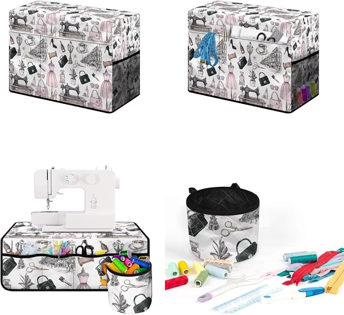 Retro Sewing Elements Sewing Machine Protective Cover and Table Mat with Small Cylinder and Pocket Durable Waterproof Sewing Supplies For Fits Standard Singer, Brother and Janome Machines - Image 4