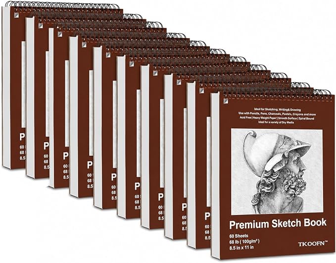 TKOOFN 10 Pack 8.5" x 11" SketchBooks Bulk,Top Spiral Bound Sketchbook | 60 Sheet Each,600 Sheets total,68lb/100gsm thick,Acid-Free,Sketch Drawing Paper Pad for Adult Kids Artists Beginners by TKOOFN