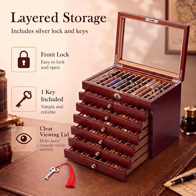 Silipull 78-Slot Fountain Pen Display Case, Key Lock, Cherry Finish, 7-Tier | Key-lock Top, Helps Limit Casual Access to Prized Pens, Glass Lid Displays Favorites, Six Drawers Organize 78 Pens. - Image 5