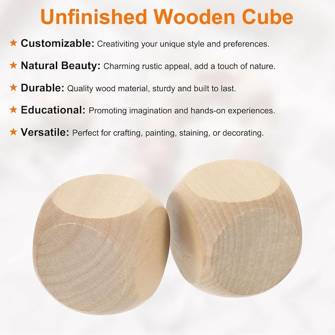 uxcell 20 Pcs Blank Wooden Dice, 40mm/1.57inch Unfinished Wooden Cube Rounded Corners Square Block for DIY Craft Projects - Image 3