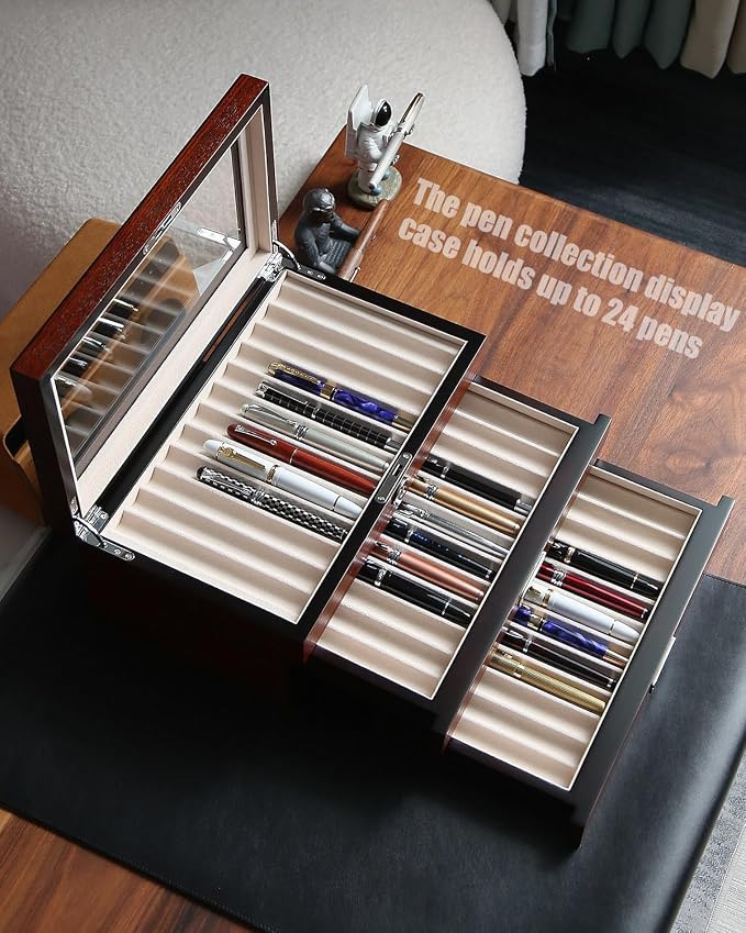 wood pen display case 36 slot Fountain pen Box storage Organizer with drawer, Top Glass Window Pen Collection Display Case - Image 3