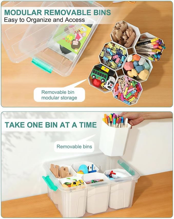 NUMIFUN 17QT Clear Storage Bins with Lids & Dividers for Crafts | Stackable 17-quart transparent box featuring 6 tall removable inserts. Perfect for organizing crafts, tools, toys & crayons - Image 4