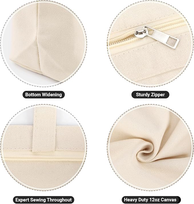 Segarty 3PCS 16.5x13 inch Natural Heavy DIY Tote for Crafting, Ironing and Embroidering, White Canvas Reusable Grocery Shopping Bag with Zipper - Image 4