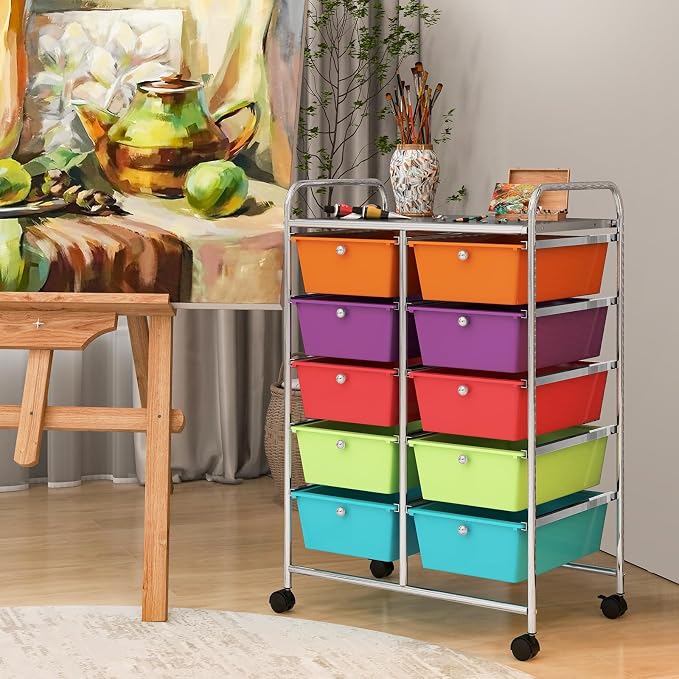 RELAX4LIFE Rolling Storage Cart with 10 Drawers - Craft Storage Cart with Lockable Wheels,Utility Cart, Art Cart Organizer for Crafting Storage, Studio, Office, Home, School Rolling Drawer Cart - Image 2