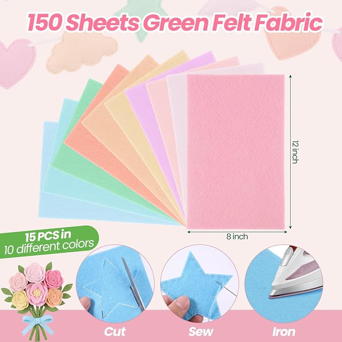 Peryiter 150 Pcs Back to School Pastel Felt Sheets Bulk for Craft 8 x 12 Inch 1.4 mm Pink Thick Colorful Stiff Felt Fabric Craft Square for Crafting Sewing School DIY Project - Image 2
