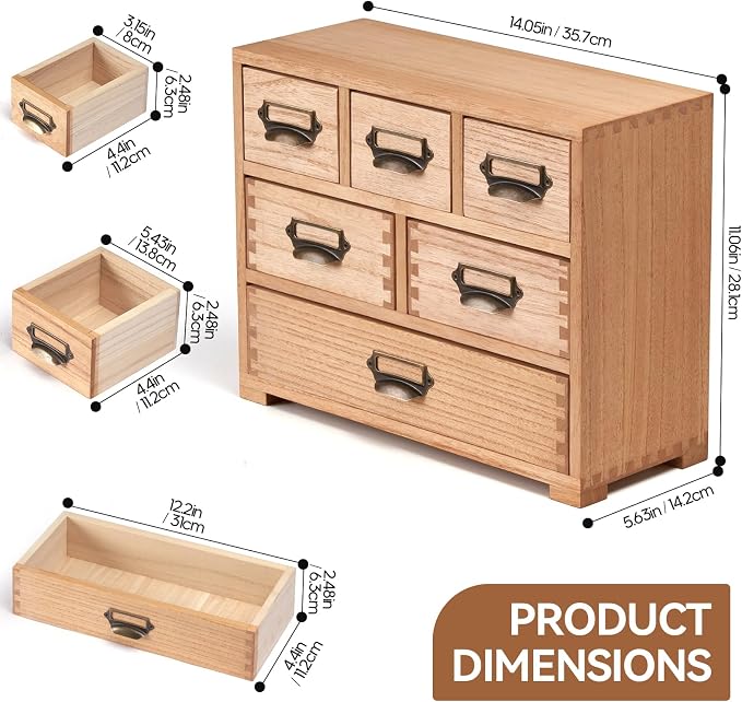 KIRIGEN Wooden Desk Organizer with 6 Drawers, Label Holders, Natural 3D6CG | Fully Assembled Solid Wood Cabinet Stores Office Supplies, Crafts, Makeup, and Small Accessories on Desks or Counters - Image 3