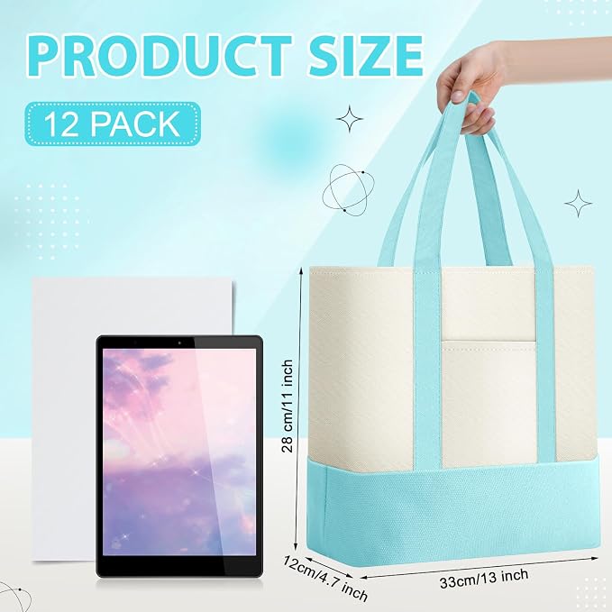 Sanwuta 12 Pcs Mini Canvas Tote Bags Bulk with Pocket Small Sublimation Blank Canvas Tote Reusable Grocery Bag for Women, DIY Craft (Light Blue) - Image 2