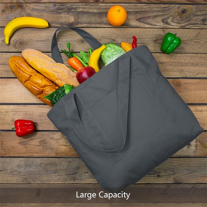 TOPDesign 3-Pack Canvas Tote Bags with an External Pocket, Reusable Grocery Shopping Bags, Top Zipper Closure, Daily Essentials (Grey) - Image 3