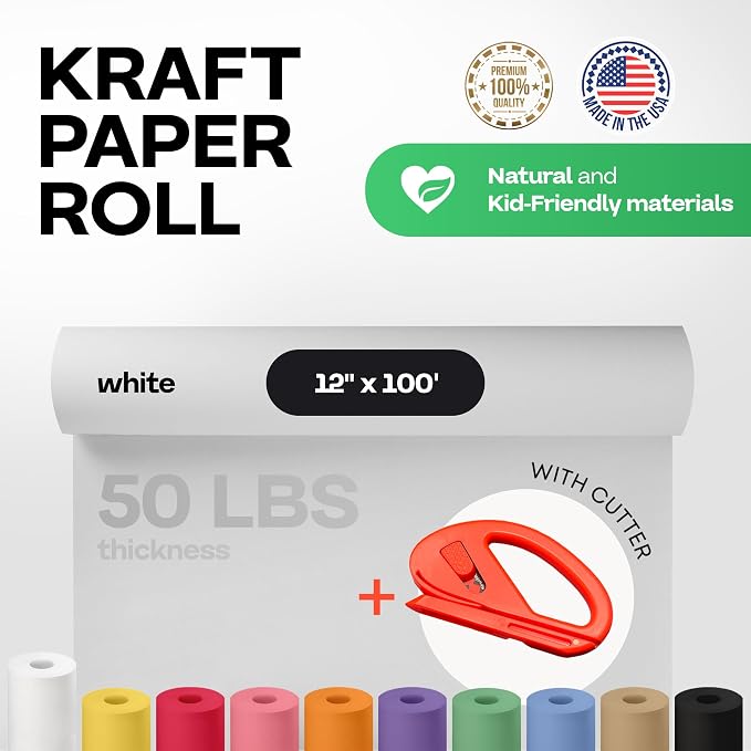 White Kraft Paper Roll 12" x 1200" (100 feet) with Cutter - USA-Made Wrapping Paper for Packing, Moving, Shipping & Crafts/Arts - 100% Recyclable Natural Craft Material by IDL Packaging | Wrapping Paper for Packing, Moving, Shipping & Crafts/Arts - 100... - Image 2