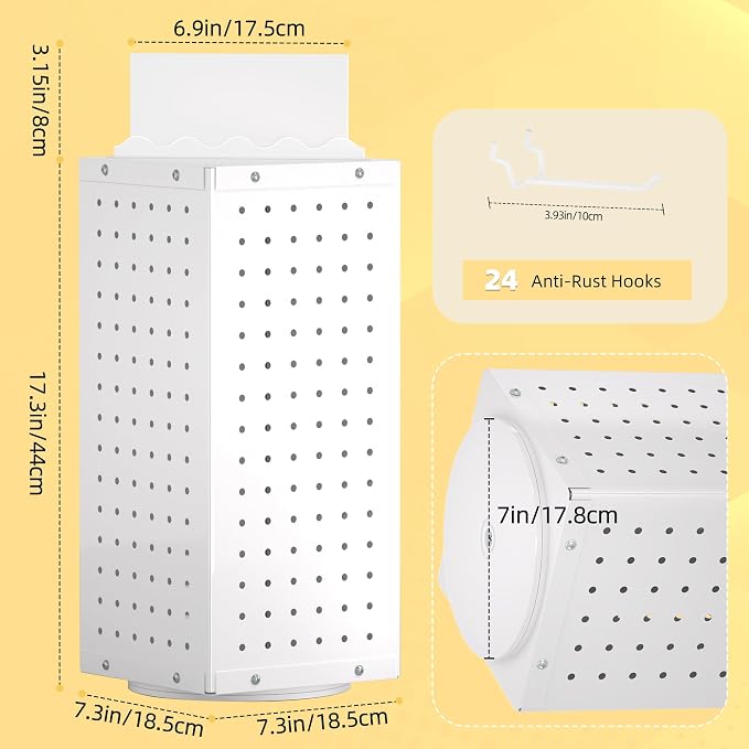 Urban Deco 360° Rotating Pegboard Display Stand with Signage, 4-Sided Spinning Peg Board Stand with 24 Hooks for Jewelry, Earring & Keychain Holder Displays for Craft Shows & Vendor Events (White) - Image 2