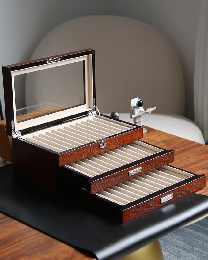 wood pen display case 36 slot Fountain pen Box storage Organizer with drawer, Top Glass Window Pen Collection Display Case - Image 7